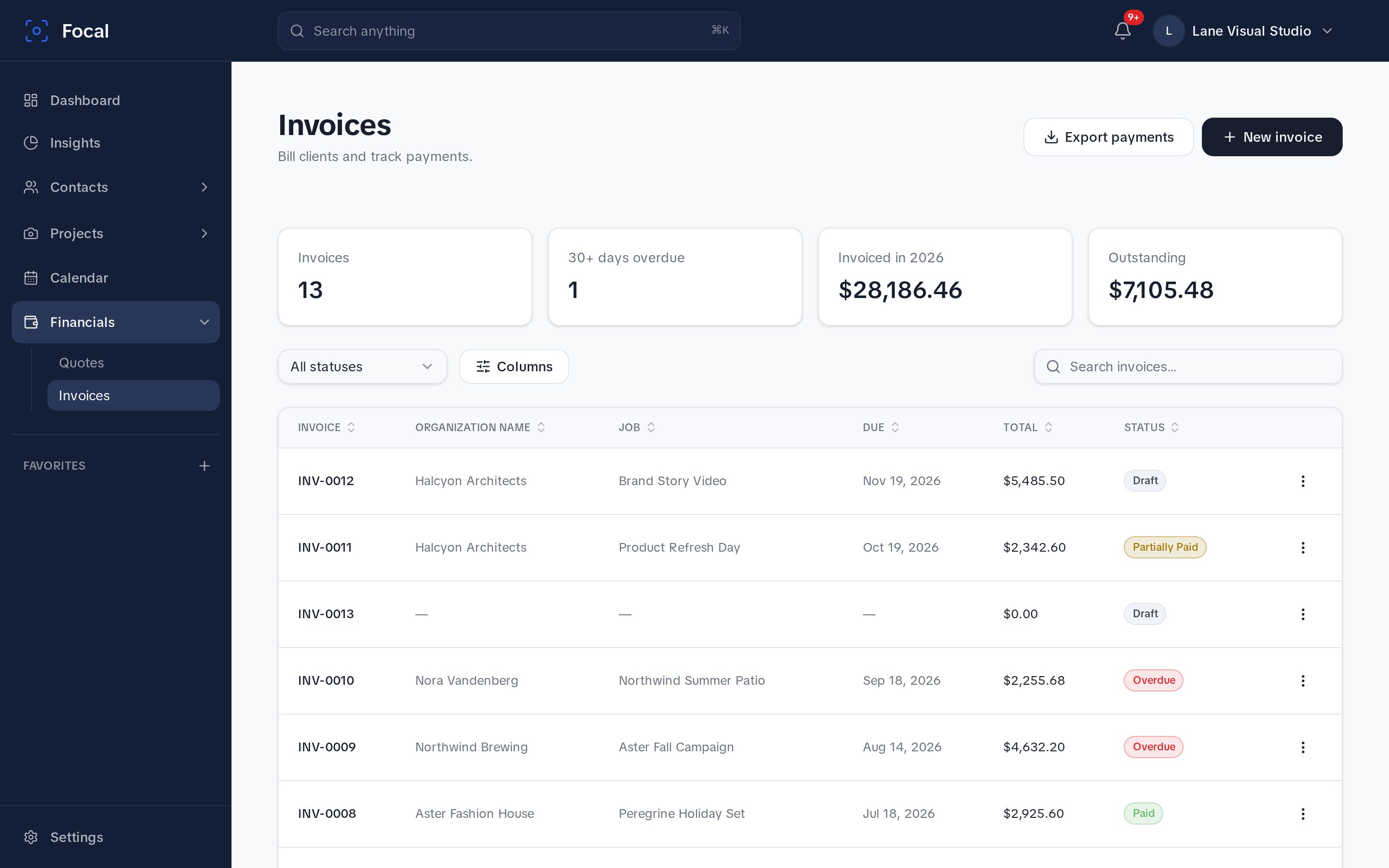 Focal invoices list with totals and statuses