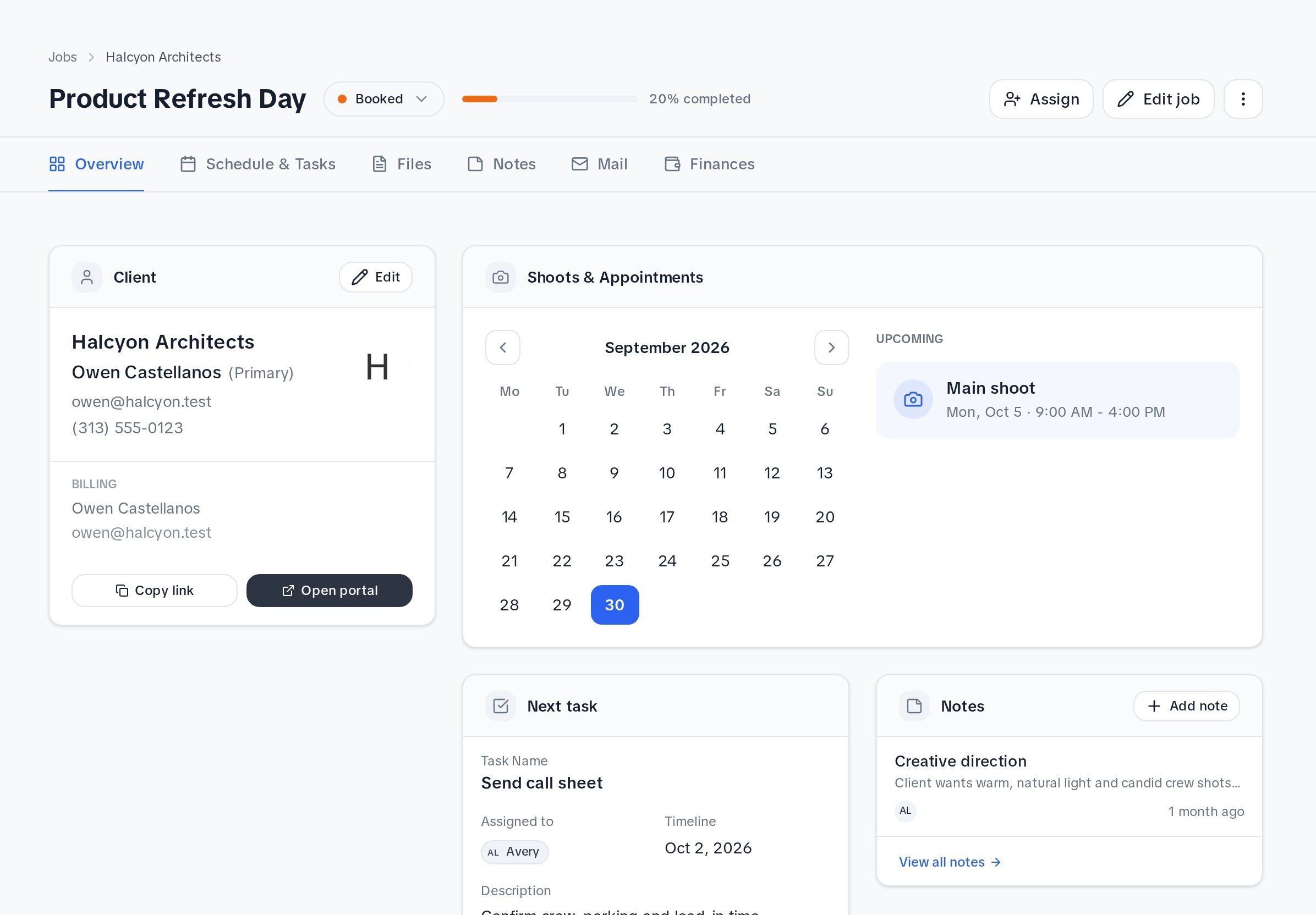 Focal job page with client, shoots, next task and notes