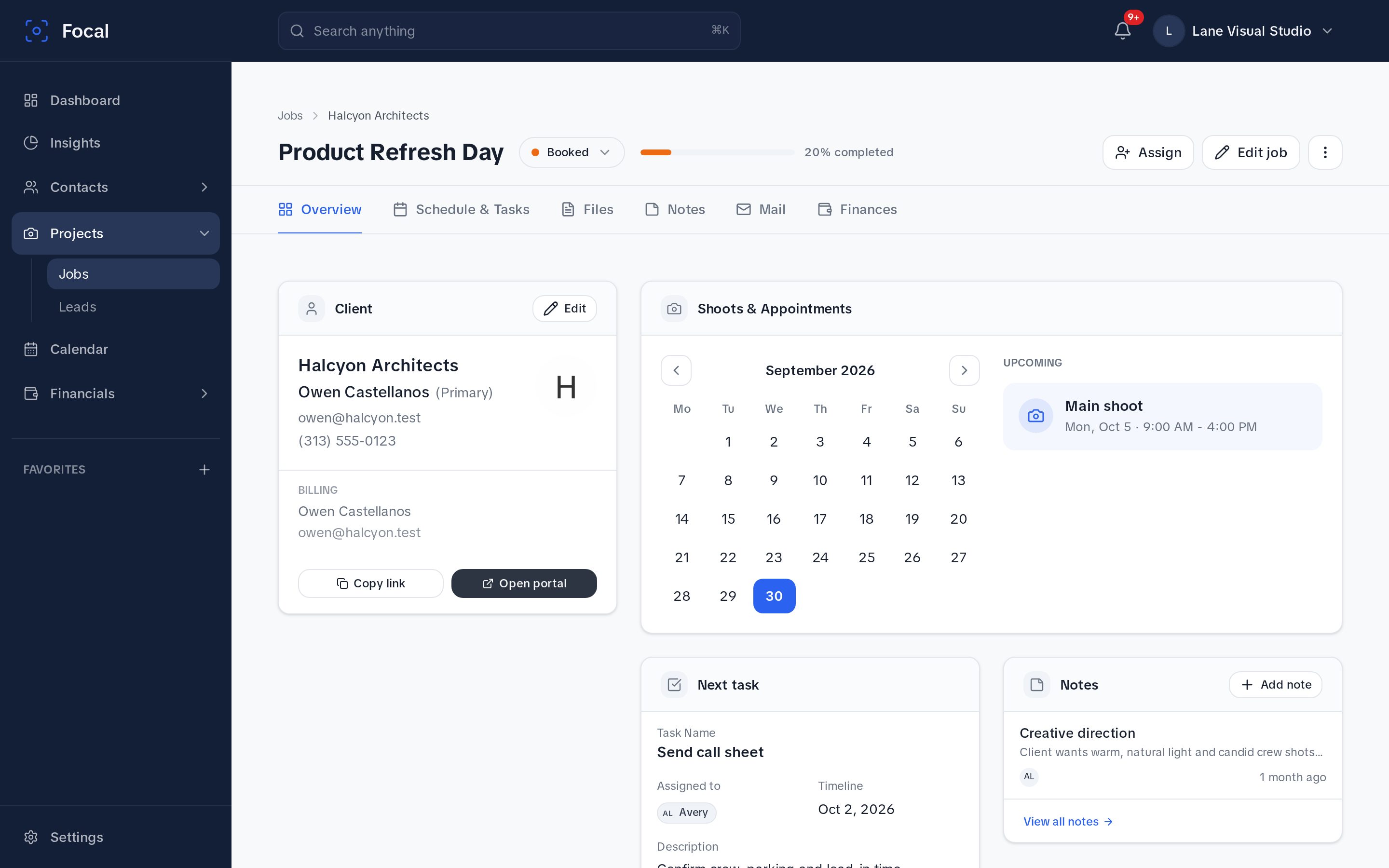 Focal job page with client, shoots, next task and notes