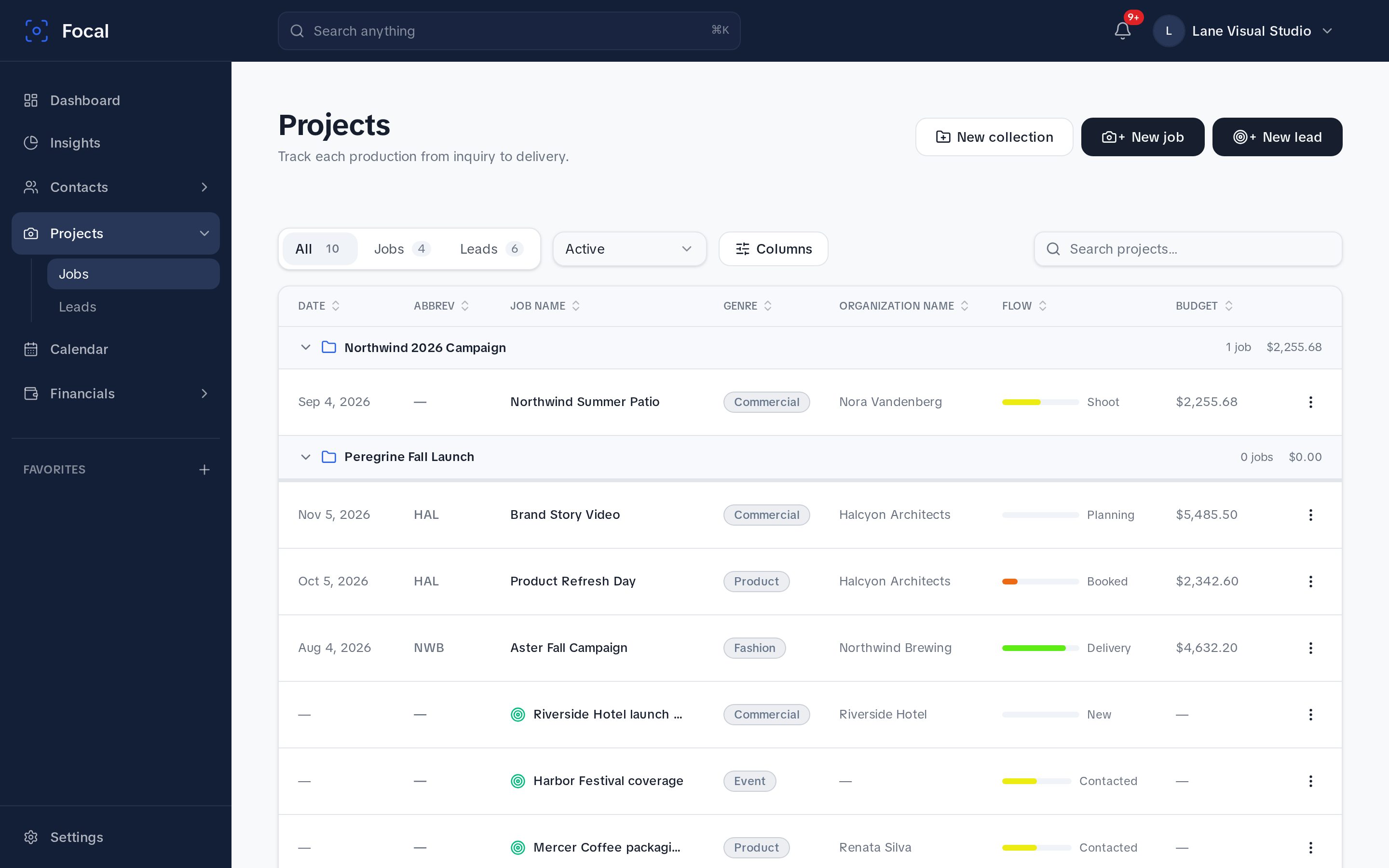 Focal Projects list showing jobs and leads with stages and budgets