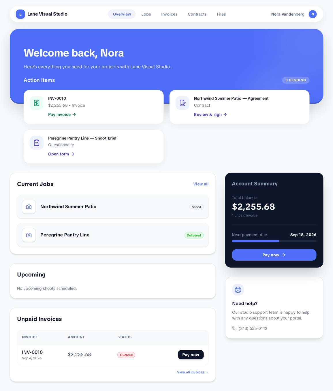 Focal client portal showing action items, current jobs and account summary